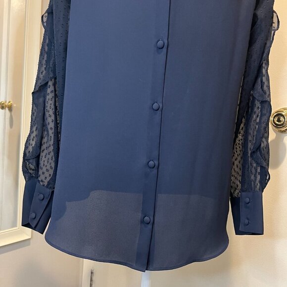 Express Navy Sheer Ruffled Polka Dot Sleeve Blouse, Size Medium - Picture 14 of 16